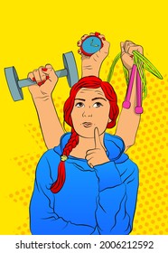 Beautiful woman thinking and hands holding workout, sport equipment behind her. Caucasian fitness woman. Comic book style vector illustration.