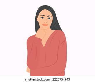 Beautiful woman thinking or wondering and analyzing the question. Vector illustration.