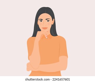 Beautiful woman thinking or wondering and analyzing the question. Vector illustration.