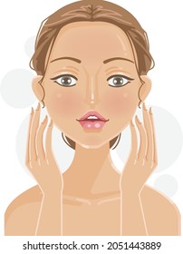 Beautiful woman touching her face. Girl with clean healthy skin. Skin care and beauty concept.