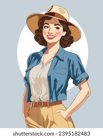 Beautiful Woman Tourist in Vintage Style Illustration