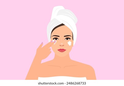 hermosa mujer en toalla aplicando crema facial Ilustración vectorial