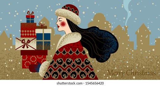 Beautiful woman in traditional coat holding gifts on a city background. Christmas card. Vector illustration.
