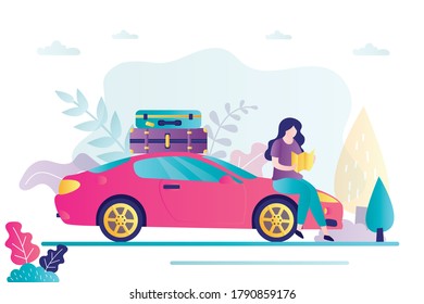 Beautiful woman traveler holds map in hands and makes route, modern car with luggage. Vacation, travel time banner. Female character and vehicle in trendy style. Flat Vector illustration