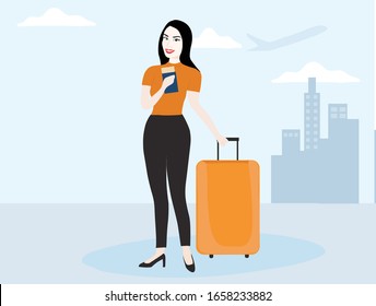 Beautiful woman travelling aboard for vacation vector illustration. Taking vacation holidays design concept background