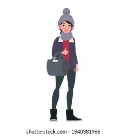 Beautiful woman in trendy winter clothes showing thumb up gesture. Vector illustration.