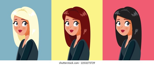 
Mujer Hermosa Que Intenta Diferentes Colores De Pelo Ilustración De Dibujo. Las chicas guapas cambiando su apariencia según las tendencias de belleza
