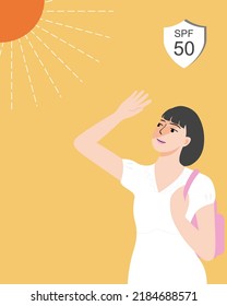 A beautiful woman under the sun and smile, UV Radiation Solar Ultraviolet Protection Concept, flat vector illustration.