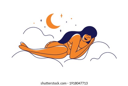 Hermosa mujer en ropa interior durmiendo en una cómoda cama de nubes en un cielo estrellado. Dormitorio sano, autocuidado o cuidado corporal. Ilustración vectorial de sueño dulce nocturno. Figura femenina a la luz de la luna, estrellas, luna creciente