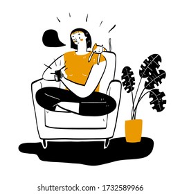 A beautiful woman uses a smartphone and relaxes on her favorite sofa. The element hand drawn, Vector Illustration doodle style.