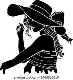 Beautiful Woman Using Beach Hat In Summer Silhouette Vector	