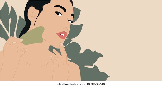 Beautiful woman using facial gua sha massage tool. Skin care and beauty treatment concept. Vector illustration.