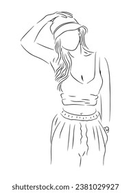 beautiful woman using hat line art illustration