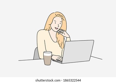 Beautiful woman using laptop in cafe. Hand drawn style vector design illustrations.