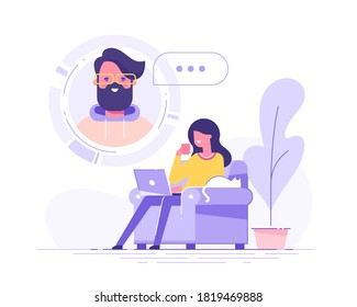 A beautiful woman using laptop for video call with his boy friend or colleague. Friends talking online. Online education and e-learning concept. Modern vector illustration.