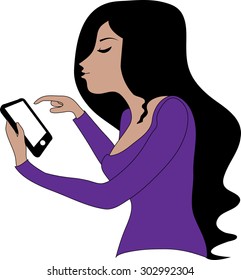 Beautiful woman using and reading a smart phone isolated on a white background