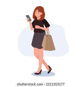 Hermosa mujer usando smartphone mientras caminaba y compraba. Ilustraciones vectoriales.
