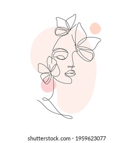 Beautiful woman vector logo design in simple minimal line art style. Female face on abstract geo shapes background. Pretty portrait with butterfly concept for beauty salon, makeup, cosmetology.