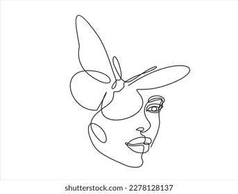 Beautiful woman vector logo design in simple minimal line art style. Pretty portrait with butterfly concept for beauty salon, makeup, cosmetology.