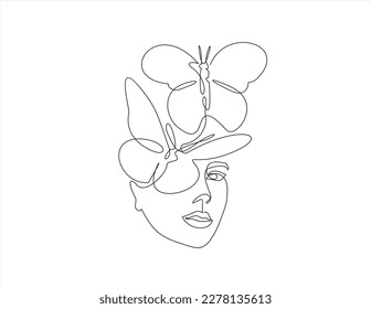 Beautiful woman vector logo design in simple minimal line art style. Pretty portrait with butterfly concept for beauty salon, makeup, cosmetology.