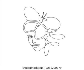 Beautiful woman vector logo design in simple minimal line art style. Pretty portrait with butterfly concept for beauty salon, makeup, cosmetology.