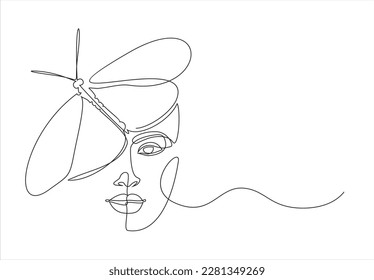 Beautiful woman vector logo design in simple minimal line art style. Pretty portrait with butterfly concept for beauty salon, makeup, cosmetology. - Shutterstock ID 2281349269