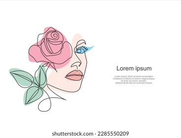 Beautiful woman vector logo design in simple minimal line art style. Pretty portrait with rose concept for beauty salon, makeup, cosmetology.