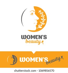 Beautiful woman vector logo. Pretty girl face silhouette with branch. Beauty, fashion and nature icons.