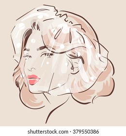 Beautiful woman in veil with a stylish hair do. Pretty bride. Vector illustration eps 10