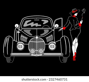 A beautiful woman in vintage clothes opens the door of a retro car. Drawing on a black background.