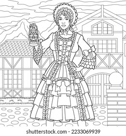 Beautiful woman in vintage dress holding lantern. Adult coloring book page in mandala style