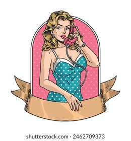 Beautiful woman vintage flyer colorful with blonde girl with corded phone near ribbon with copyspace vector illustration