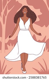 A beautiful woman with voluminous curly hair gracefully walks through a dreamy, warm-toned landscape. She wears a flowing white dress, embodying elegance, freedom, and confidence. 