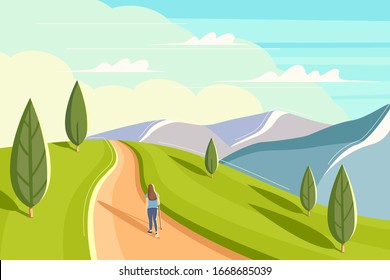 Beautiful woman is walking along a mountain ridge. Flat style summer landscape. Concept image of man and nature. Vector illustration