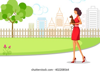 Beautiful woman walking with cat. Vector illustration