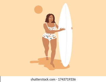 A beautiful woman is walking on the sand in the hands of a surf board. Young girl in a white textured swimsuit. Summer vibes art in Scandinavian style. Colored vector illustration in flat cartoon.