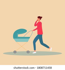 
Beautiful woman walking with a stroller and a phone in the street, great design for any purpose. Cartoon vector illustration. Urban background. Young girl in a modern style.