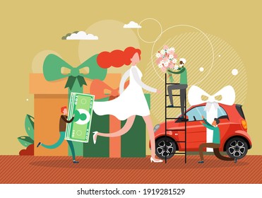 Beautiful woman walking surrounded by men with gifts. Man giving woman flower bouquet, car and money. Different men fall in love to attractive woman