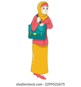 beautiful woman is walking towards the office to work, vector design illustration art