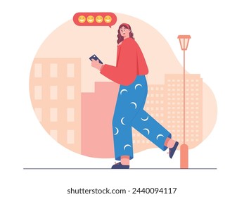 A beautiful woman is walking with a view of the city buildings while replying to chat, communicating via cellphone. Character design. Vector flat illustration