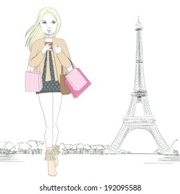 Beautiful woman walking while drinking coffee and holding shopping bags at Paris with Eiffel Tower at background