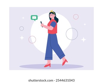 Hermosa mujer caminando mientras mira su teléfono celular, adicta al móvil en la era moderna. Diseño de personajes. Ilustración plana de Vector