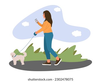 Beautiful woman walks along the street with a dog. Happy girl listens to music on headphones. Cute girl with her dog at the park. Flat graphic vector illustration isolated on white background