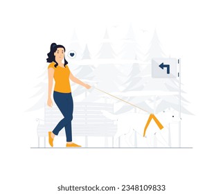 Beautiful woman walks along the street with her dog on a leash at the park. cute pet puppy concept illustration