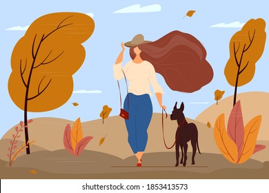 Beautiful woman walks in the park with a great dane. Autumn nature, falling leaves, the wind blows. The concept of body positive, active lifestyle, walking with a pet. Vector in a flat style.