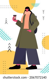 beautiful woman in warm winter clothes drinking coffee female cartoon character full length