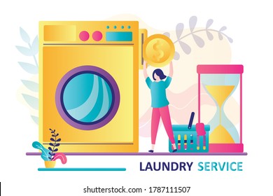 Beautiful woman wash clothes in laundry service. Female character holds big coin for payment. Dirty clothes in laundry basket. Large washing machine, self-service concept banner. Vector illustration