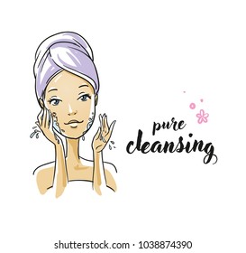 Beautiful woman, washing and cleaning her face, before make up or removing make up before cosmetic or spa. Hand drawn cartoon sketch vector illustration, marker style coloring, isolated. 