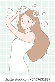 Beautiful woman washing hair with shampoo and hair care products in bathroom. Hand drawn flat cartoon character vector illustration.