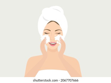 Beautiful woman washing her face with bubble water vector illustration. Beauty routine concept